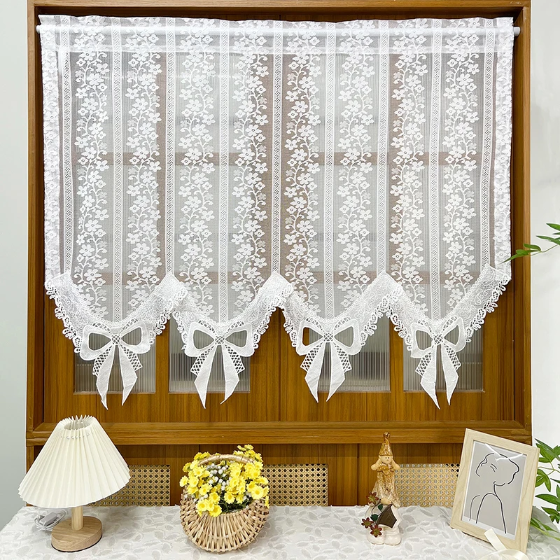 Korean Romantic White Striped Flower Lace Short Sheer Curtain with Bow Rod Pocket For Kitchen Cabinet Entrance Partition Decor