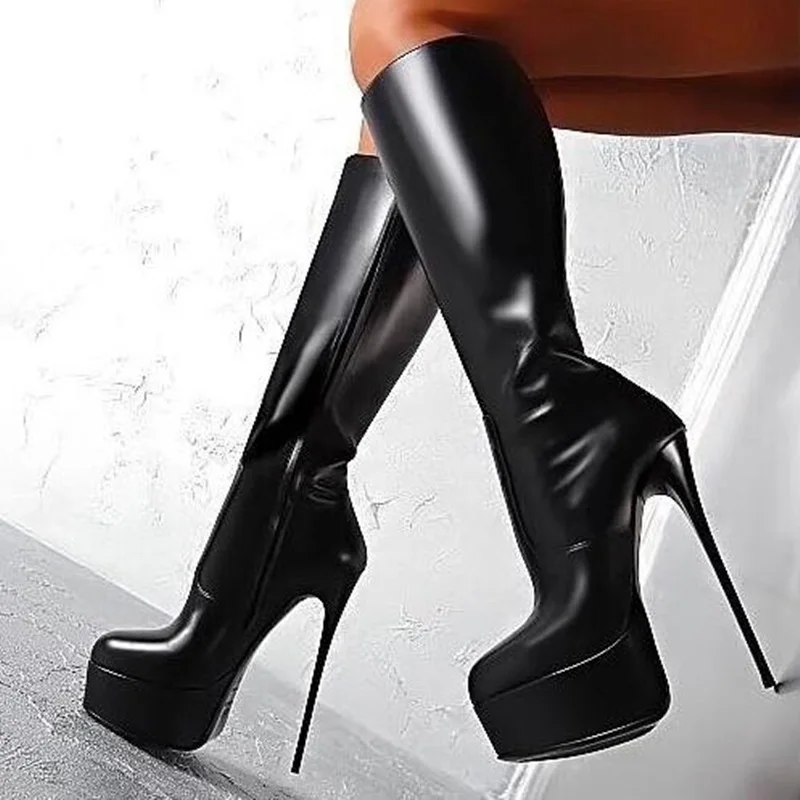 

Plus Size 13 Black Leather Women Knee High Boots Round Toe Thin Heels Autumn Winter Long Boos Autumn Winter Fashion Runway Boots