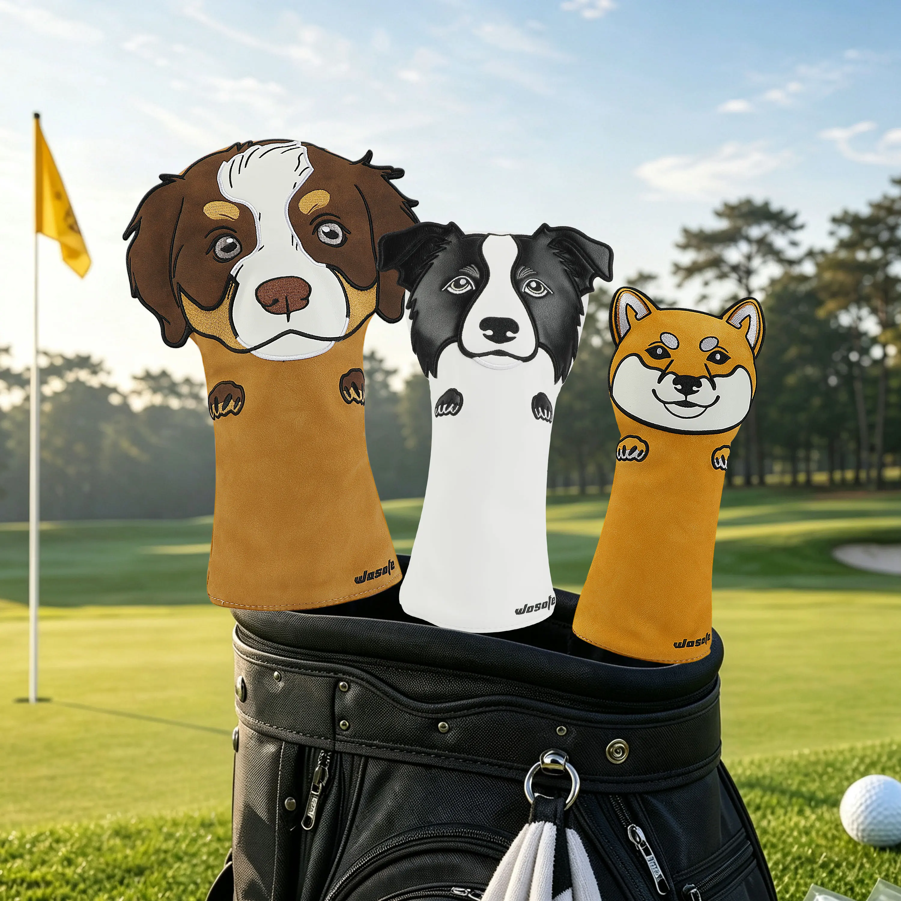 Housse de tête de club de golf en cuir PU, motif chien de dessin animé, imperméable, pour driver et putter, accessoires de golf, cadeaux de golf