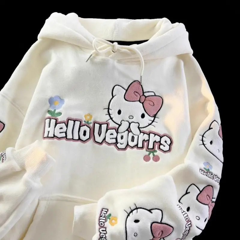 American Retro Hello Kittys Sanrios Hooded Sweater Polar Fleece Anime Cartoon Woman Autumn Winter Loose Couple Plush Coat Tops