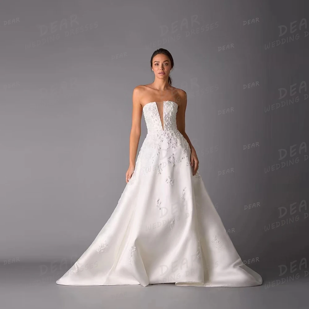 Vestidos De novia De lujo con cuello en V para mujer, línea A, elegantes vestidos De novia con apliques, sin mangas, Espalda descubierta, satén, Vistidos De Fiesta