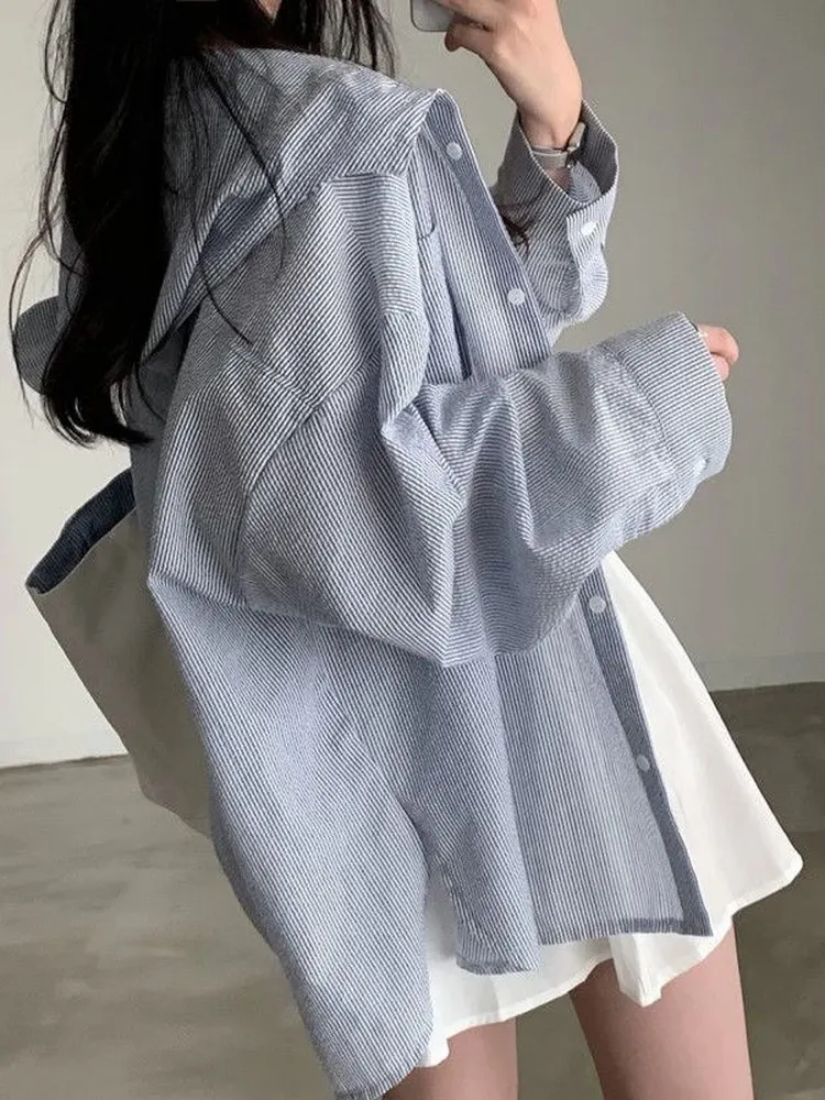 Loose Fit Striped Long Sleeve Open Cardigan Women's Spring Autumn Thin Casual Shirt Jacket Korean Style Commute Fashion