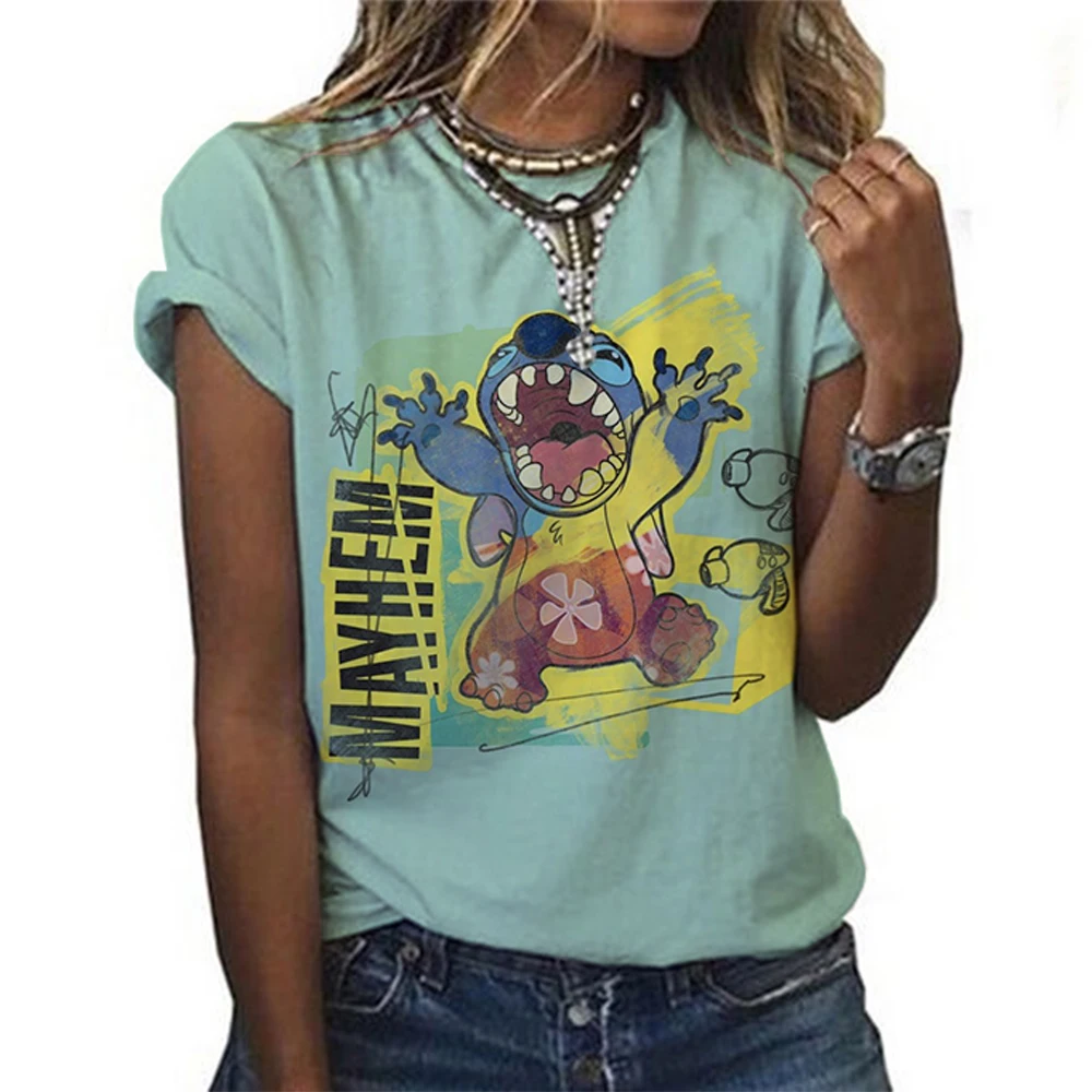 Kawaii Lilo Stitch Print T-shirts Tops for Women Lady Summer Children T-shirts Casual O-neck Ohana Stitch Disney T-shirts