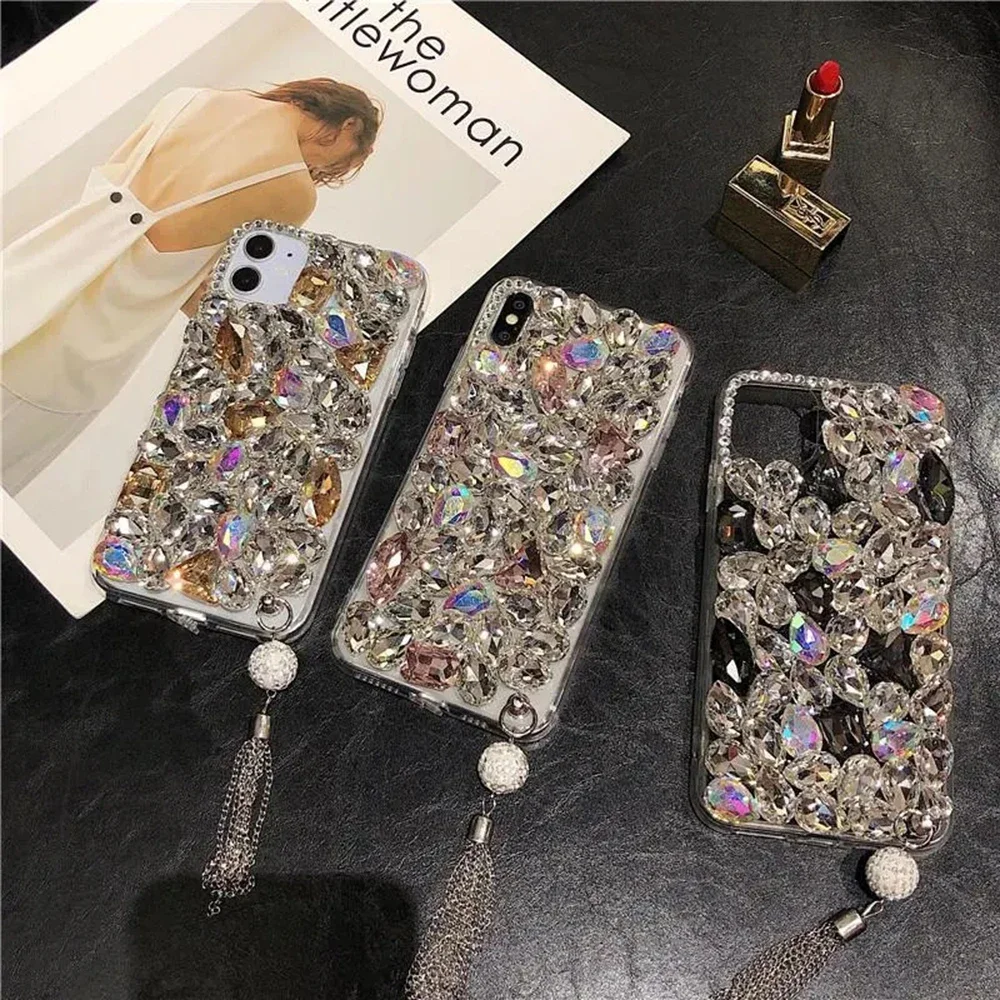 Luxury Bling Diamond Manual Phone Case, Cover with Metallic Tassel Pendant, for Huawei P50Pro, P40, Mate 30, Honor 9X, 50, 60Pro