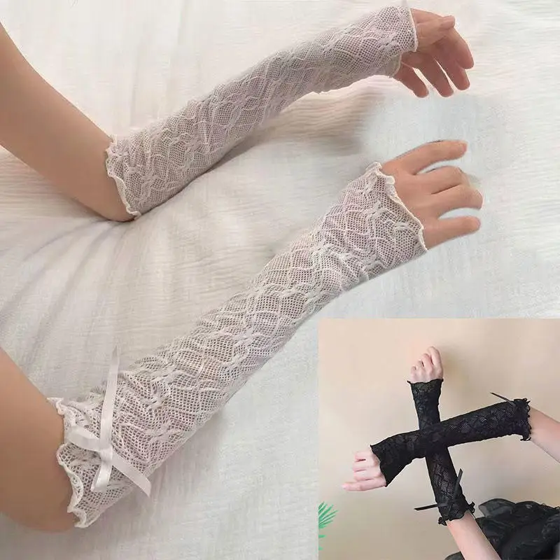 

Кружевные перчатки Лолиты с рюшами и бантом, черные, белые, Y2K Kawaii, варежки без пальцев, сетчатые японские варежки, аксессуары для косплея