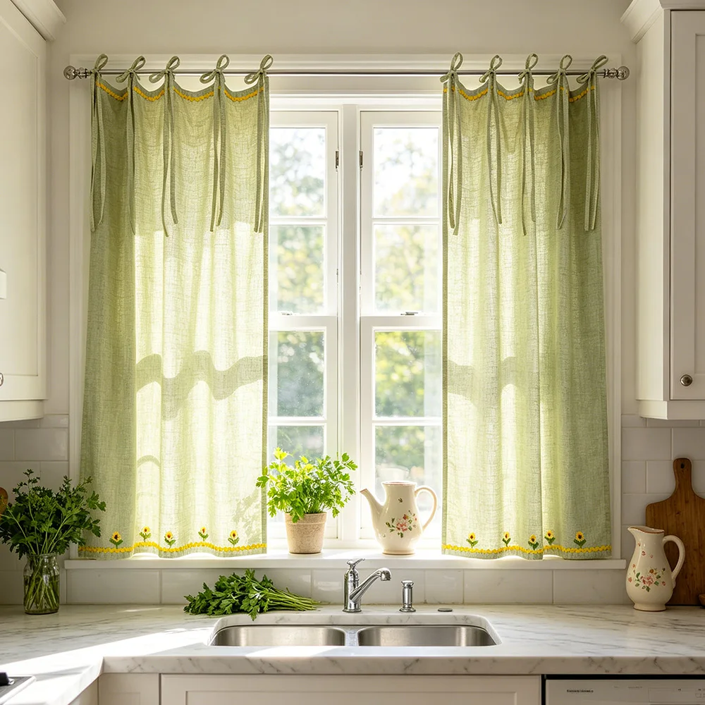 Cute Sunflower Door Curtain Light Green Textured Noren with Bow Tie Top, Rustic Semi-Sheer Partition for Bedroom Cafe Kitchen