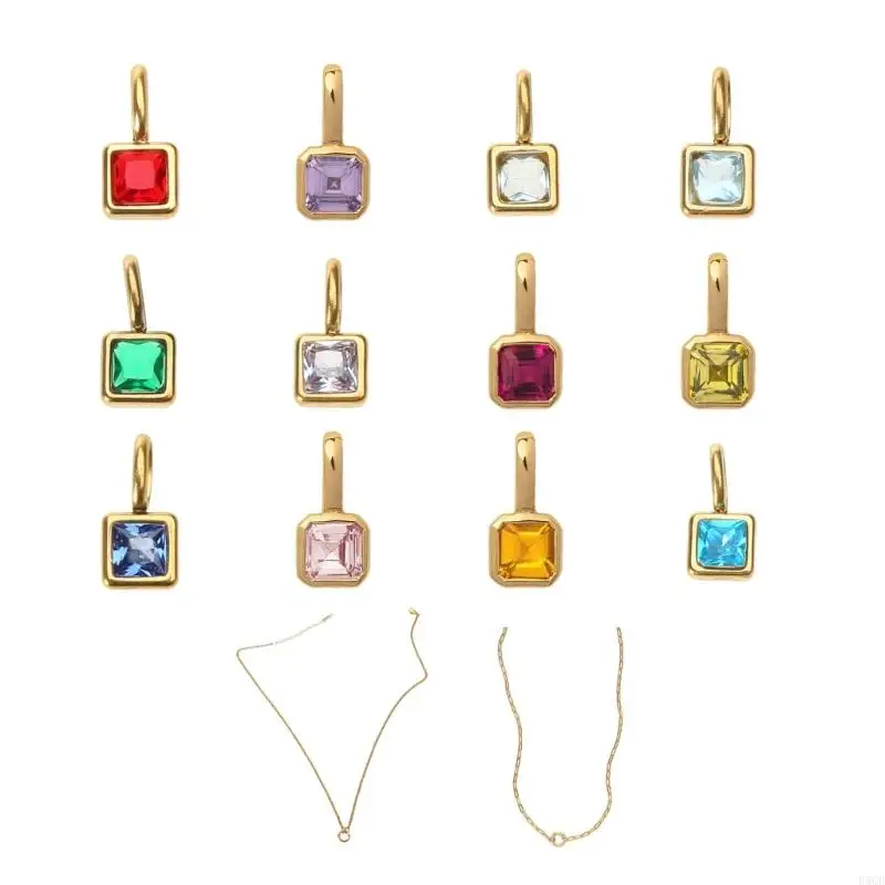 

D5QB Colorful Birthstone Pendant Necklace DIY Accessory Women's Square Clavicle Chain