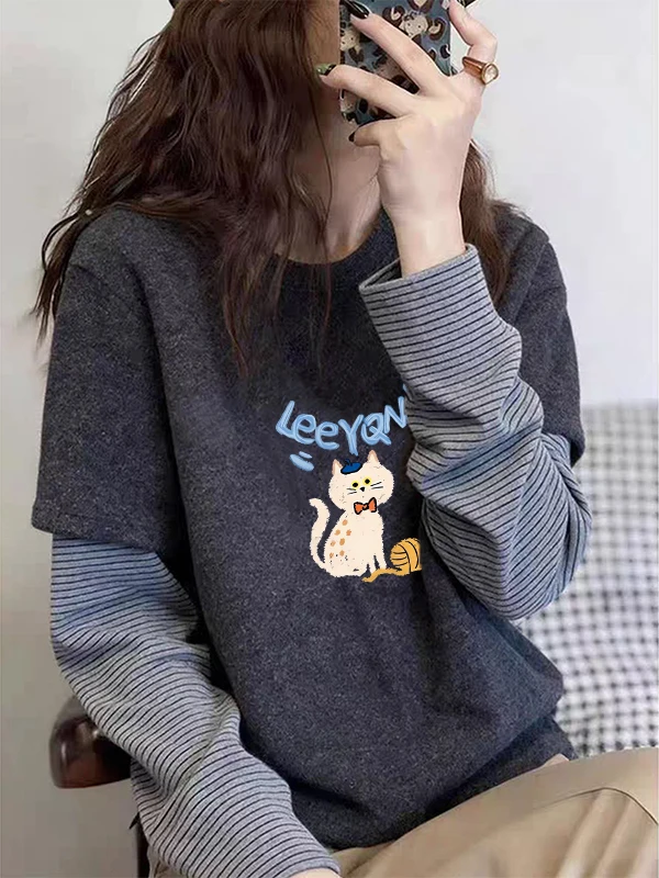 

Deep Grey Long Sleeve T-Shirt Women's Loose Fit Striped Patchwork Slimming Versatile Top Spring Autumn Korean Style Sweatshirt