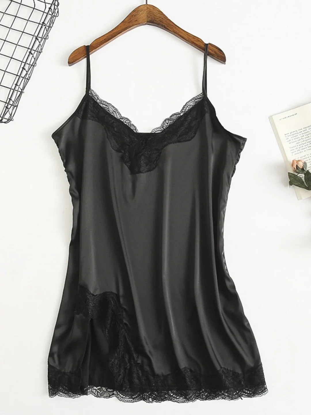

Sexy Lace Ice Silk Black Strap Sleep Dress Thin Summer Home Clothes V Neck Slit mid Length Casual Home Wear No Brand