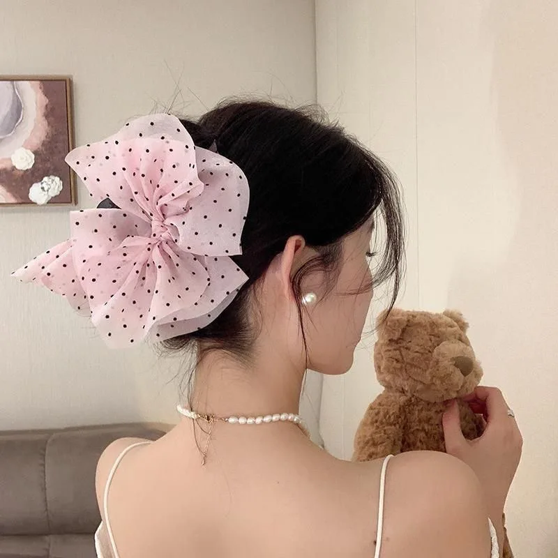 

Gentle French polka dot big bow grab clip women's back of the head new high-end hairpin headpiece