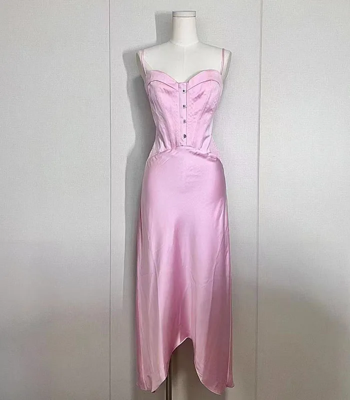 Frauen träger lose hohe Taille Fischgräten rosa Event Sling Midi-Kleid