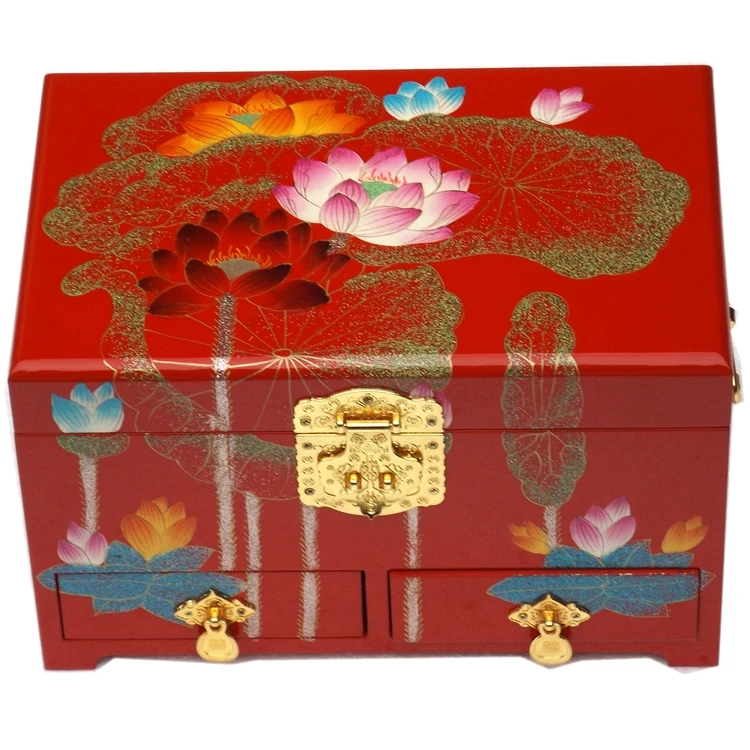 Chinese Retro 3 Layer Wood Wedding Jewelry Box with Mirror Drawer Dragon Phoenix Lotus Painting Storage Display Box Gift Case