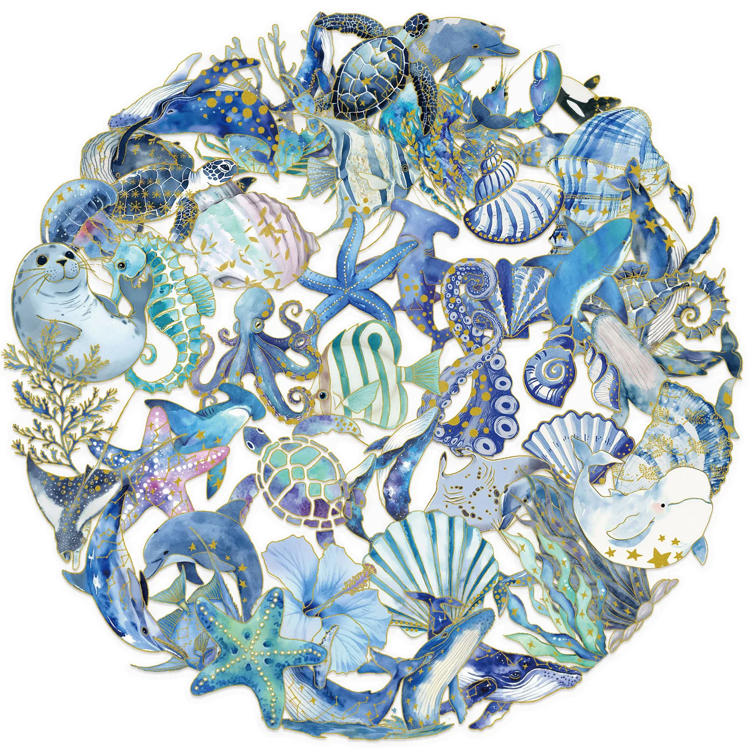 

10/50 шт. синие позолоченные наклейки для морской жизни, прозрачные изысканные наклейки для домашних животных, ноутбуков, канцелярских принадлежностей, игрушек «сделай сам», секретные