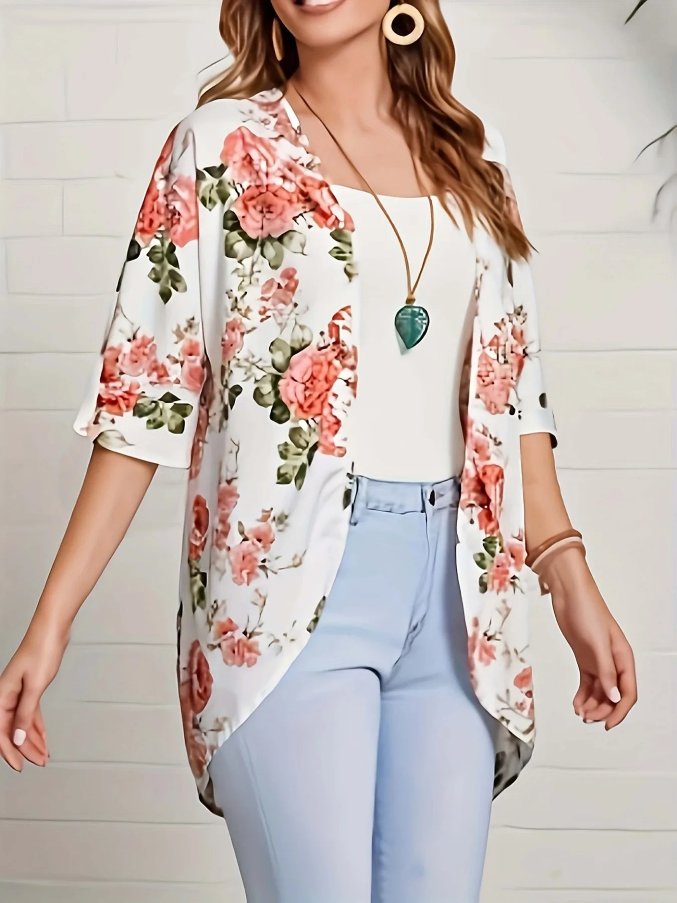 Plus Size Women's Half Sleeved Cardigan Fashionable Floral Print Elegant Casual Women's Cardigan Irregular Hem