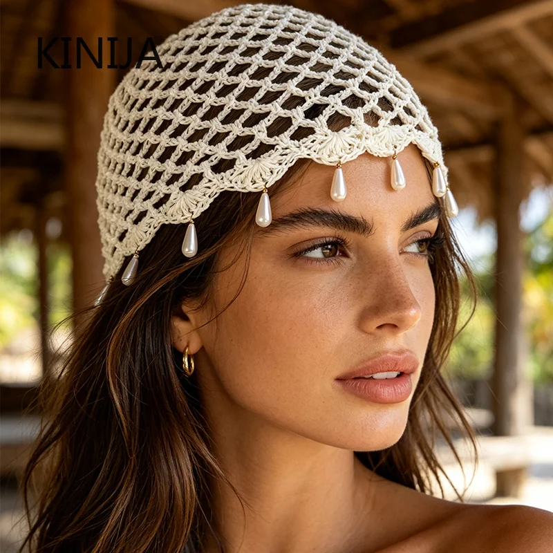 Korea Hollowed Out Woven Pullover Hats Crochet Breathable Beret Cap Pearl Fringed Retro Beanies Cap Women Summer Versatile Look