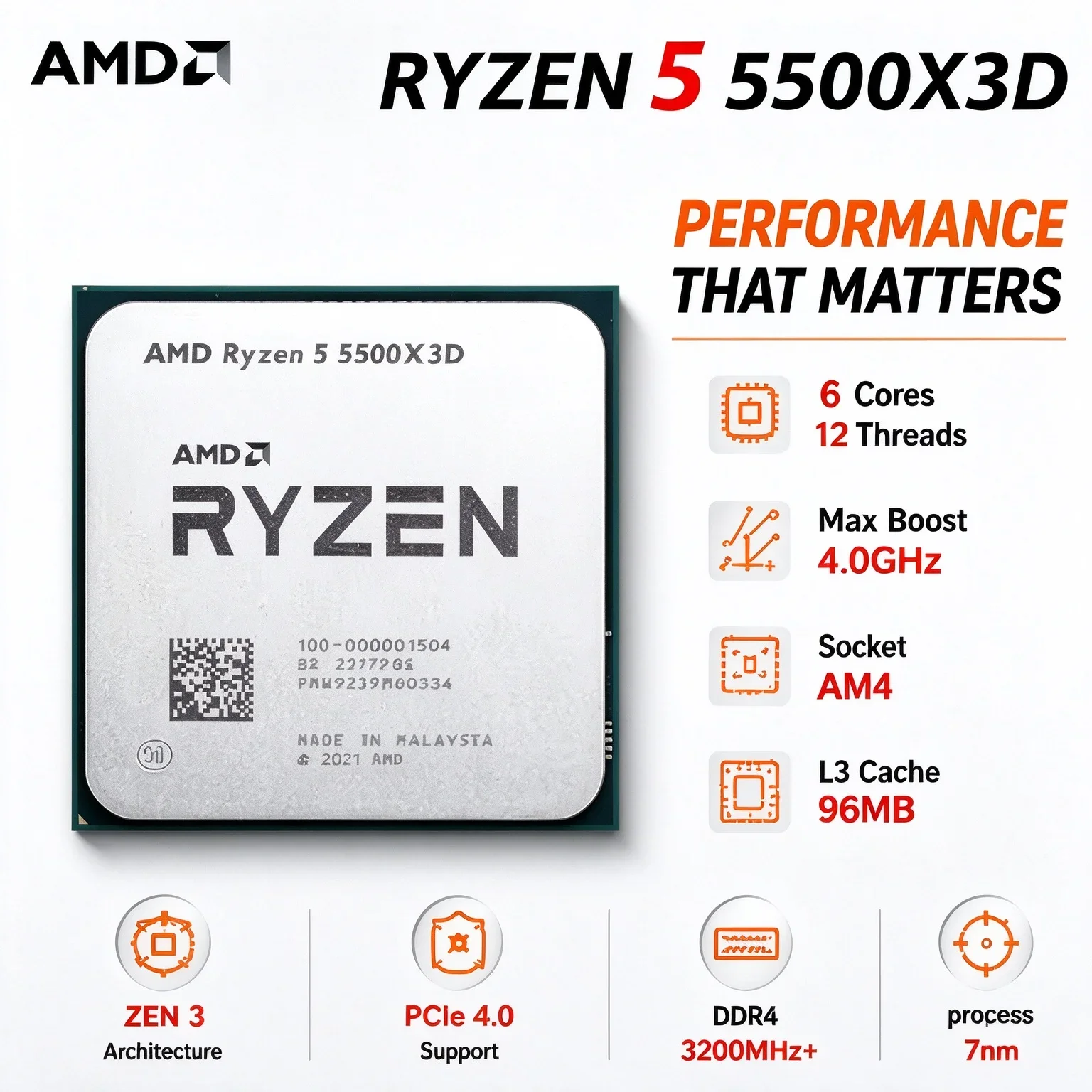 R5 5500X3D Ryzen 5 5500X3D Desktop CPU 7NM Zen3 96MB L3 Socket AM4 3D V-Cache Gaming Processor for Desktop Computer Upgrade