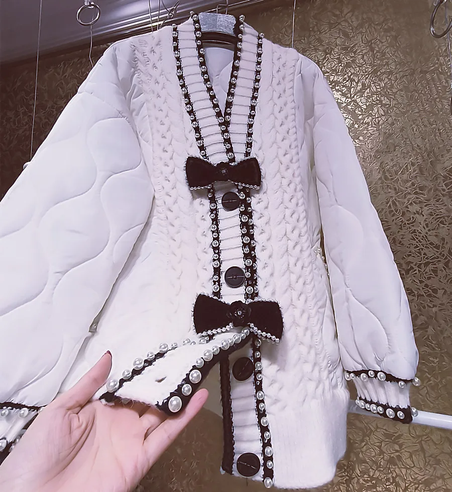 Luxury 3D Bowtie Buttons Pearls Beaded Knit Spliced Quilted Coat Warm Rhinestones Cotton Padded Jacket Spliced Cardigan Parka