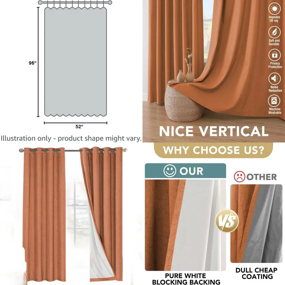 Thermoisolierte Vorhänge aus orangefarbenem Leinen, 52 x 96, Volllichtblock, 2-teiliges Set für Schlafzimmer und Wohnzimmer