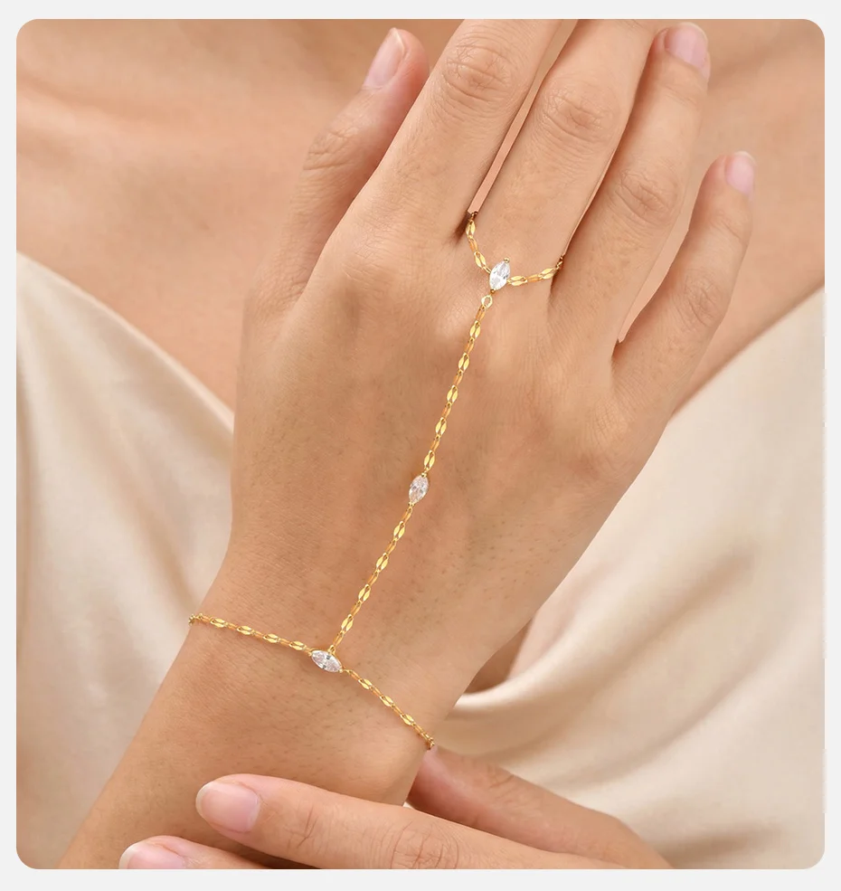 Vnox Elegantes Herz-Blumen-Zirkon-Armband mit Fingerring für Damen, Vergoldet mit Rosa CZ Tropfenförmigem Mehrschichtigem Ring-Armband, Party-Schmuck – Detail 6