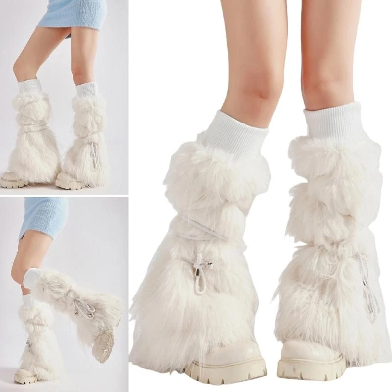

Warm Furry Leg Warmers with Ribbed Cuffs for Women Fuzzy Plush Boot Toppers with Ties Bandage Thermal Footless Socks 15UB
