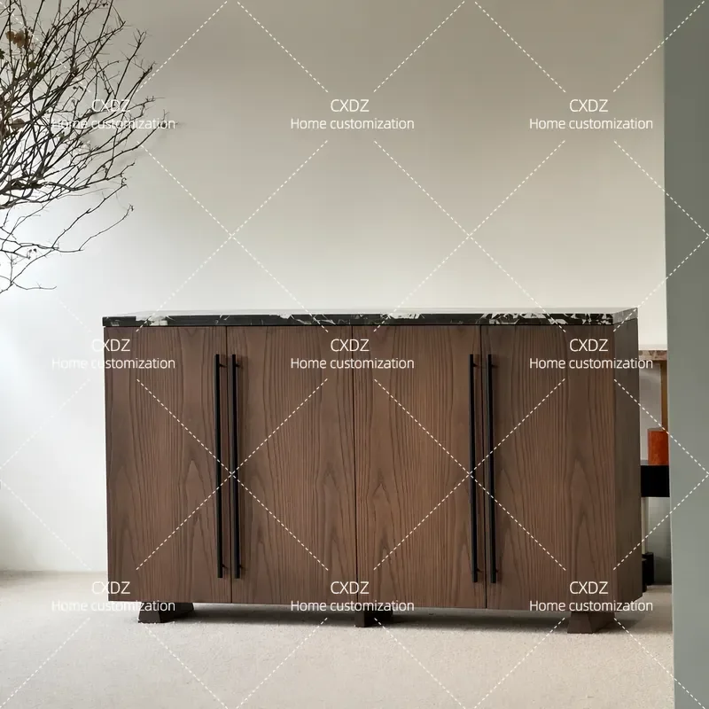 Medieval Style Solid Wood Dining Side Cabinet Wabi Sabi Living Room Marble Retro Storage Cabinet Home Furniture Organizer