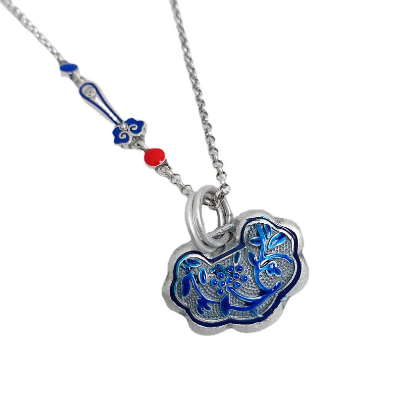 Original 925 Silver Faceted Blue Orchid Enamel Ruyi Necklace for Women Exquisite Pendant Charms Clavicle Chain Banquet Jewelry