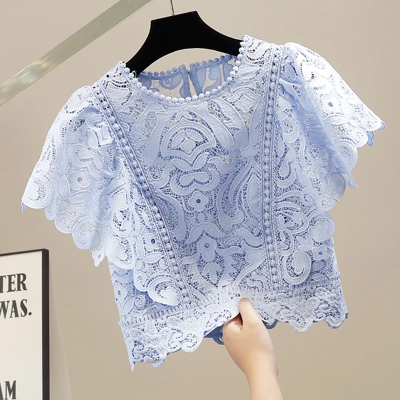 

Элегантная короткая блузка с кружевными вставками и рукавами-крылышками, модная, омолаживающая, в корейском стиле, с круглым вырезом, из смесового хлопка