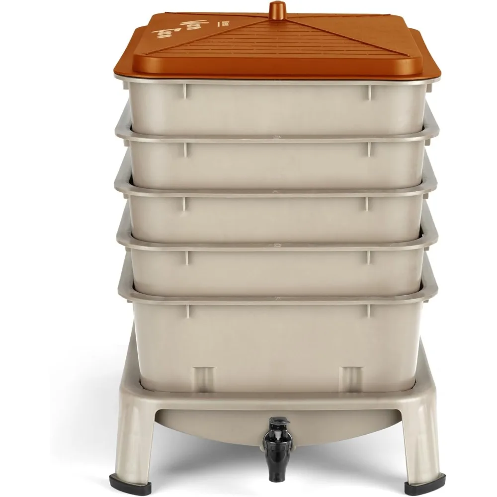 صندوق سماد دودة مكون من 5 صواني، مكون داخلي وخارجي 53QT مع مجموعة أدوات إعادة تدوير نفايات الطعام (ذهبي) #3