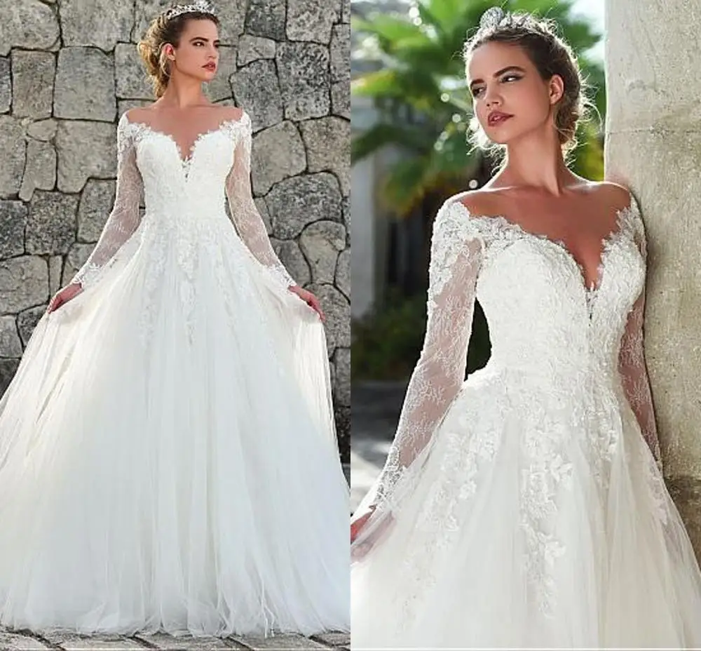 Long Sleeves Brautkleider 2022 Spitze Appliques Tüll Hochzeit Kleider A-linie Sheer Zurück Vestios De Novia