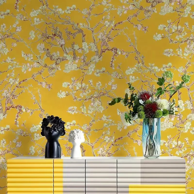 

Chinese style apricot blossom wallpaper 3D thickened waterproof and moisture-proof living room TV sofa background wall wallpaper