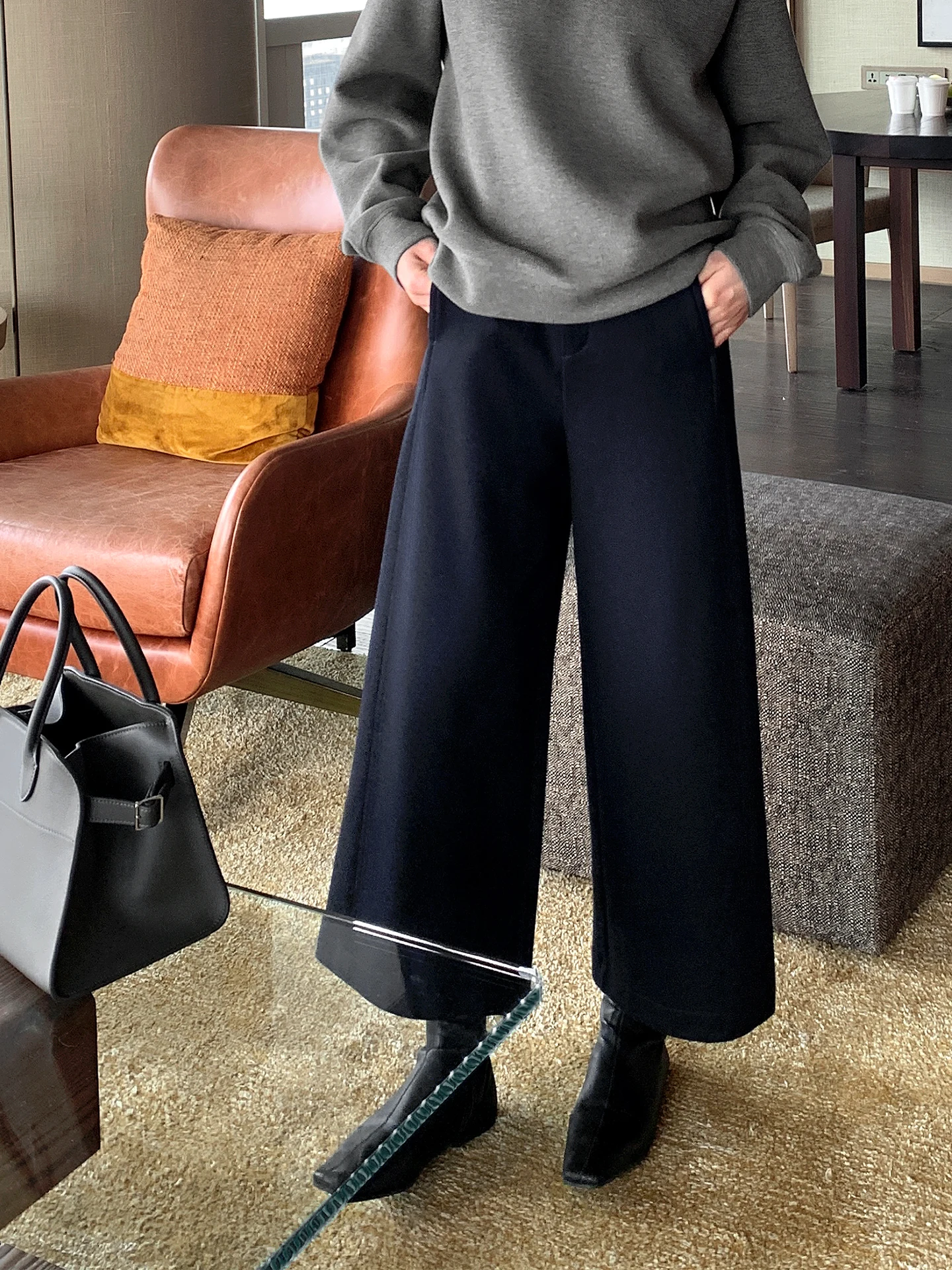 

Шерстяные брюки Muallychen с высокой талией, свободные, струящиеся, широкие, укороченные, для офиса, женские, элегантные