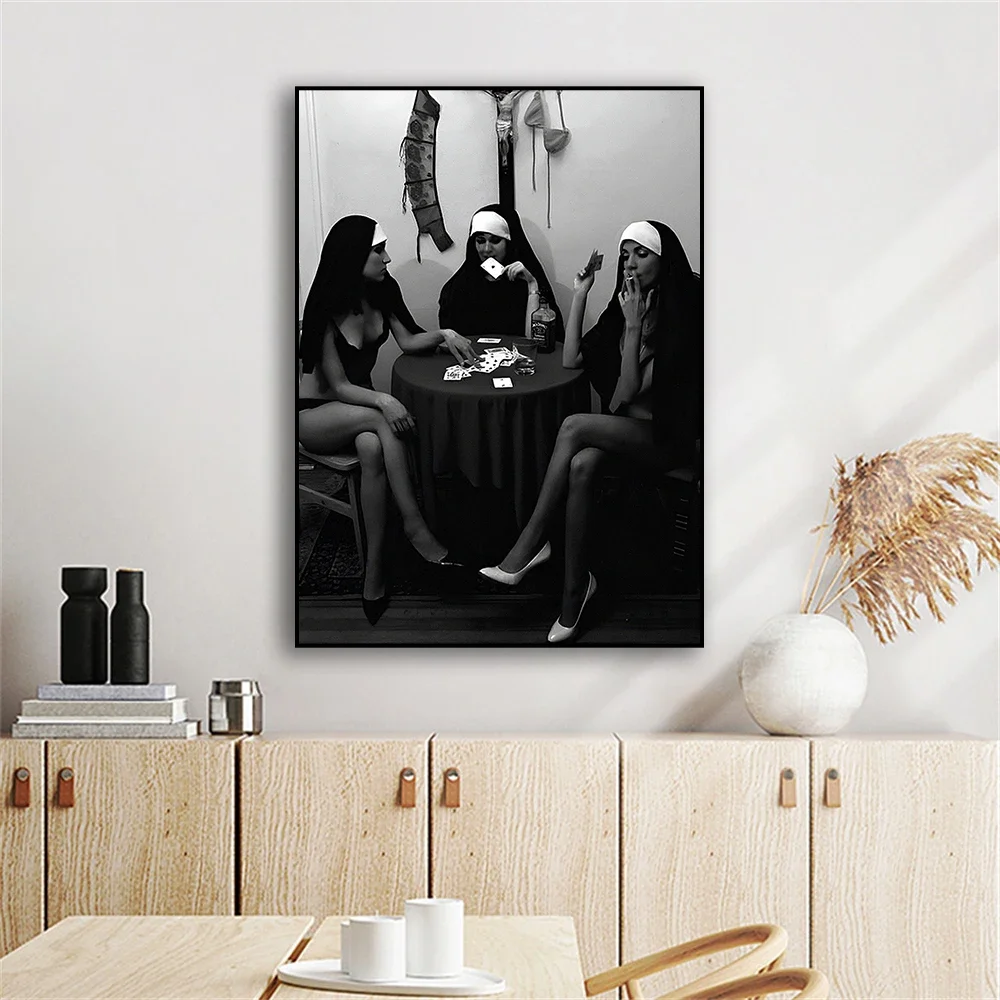 Canvas Painting Smoking Nuns Photo Print Woman Portrait Cigarette Art Poster Sexy Women Black White Vintage Bar Bedroom Decor