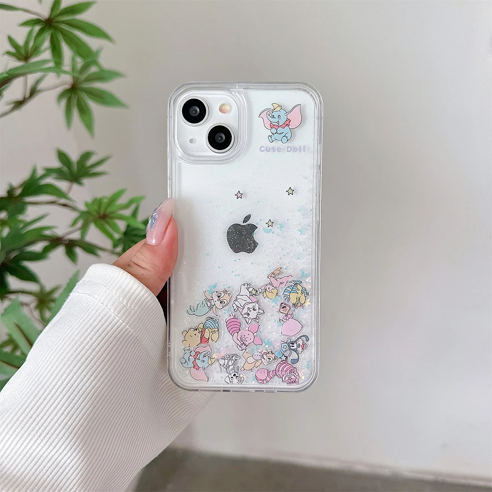 Luxury Quicksand Marie Cat Winnie The Pooh Dumbo Cartoon Phone Case for IPhone 16 15 14 13 12 11 Pro Max Transparent Back Cover