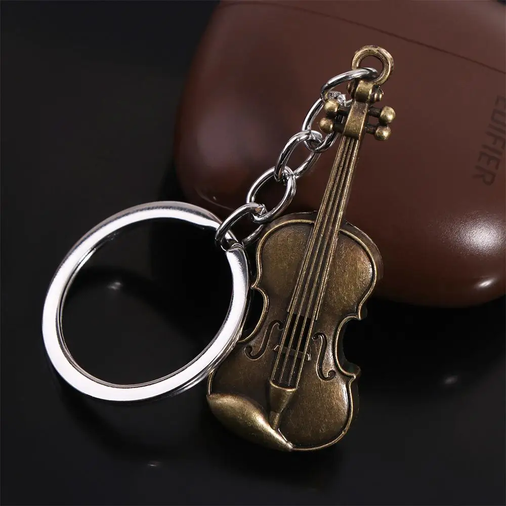 Copper Bronze Violin Key Chain Classical Mini Vintage Violin Keyring Bag Charm Cello Musical Instrument Pendant for Men Women