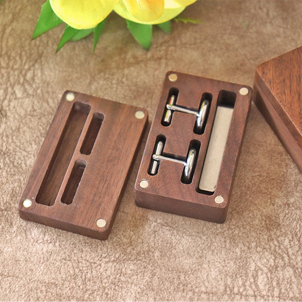 Wholesale Black Walnut Wood Cufflink Storage Box Creativity Portable Ornament Gift Box Dust Proof Tie Clip Suit Packaging Box