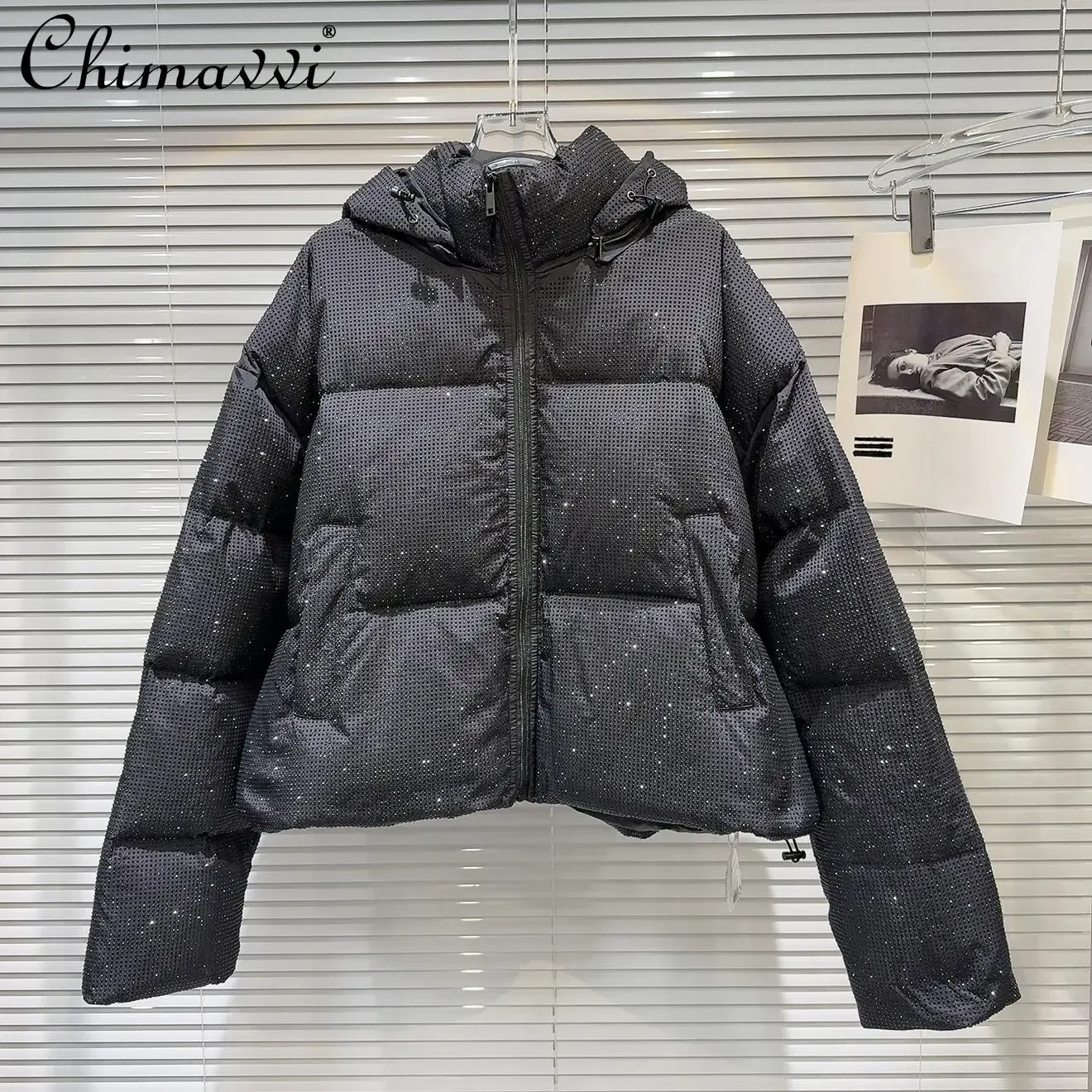 Winter New Heavy Full of Shiny Hot Diamond Hooded Down Jacket Women's High Street Long Sleeve Warm Personalized Women's Coat Top