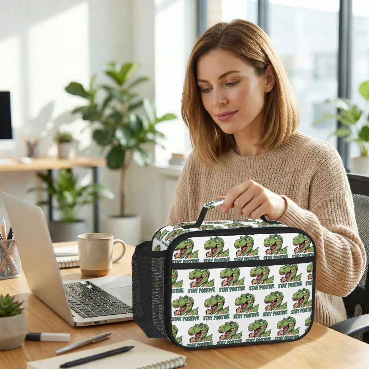 Stay Positive Funny T-Rex Dinosaur Sticker Insulated Lunch Bag for Women Office Cooler Thermal Food Box Tote Lunch Boxes
