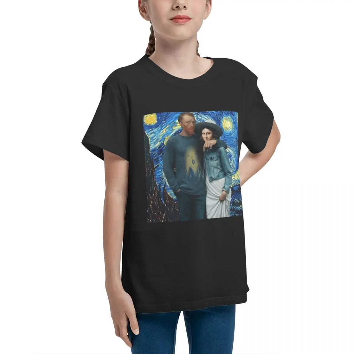 Teeanger Basic Short Sleeve T-Shirt Abstract Art Van Gogh With Mona Lisa Round neckVintage Top tee Graphic Graphic Teenagers