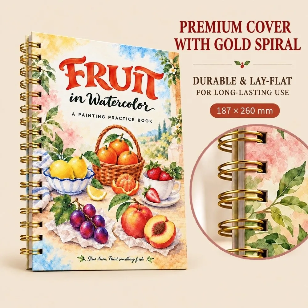 10 Sheets Fruit & Plant Theme Watercolor Practice Workbook Step-By-Step Line Art Style Painting Tutorial Book Beginner Friendly