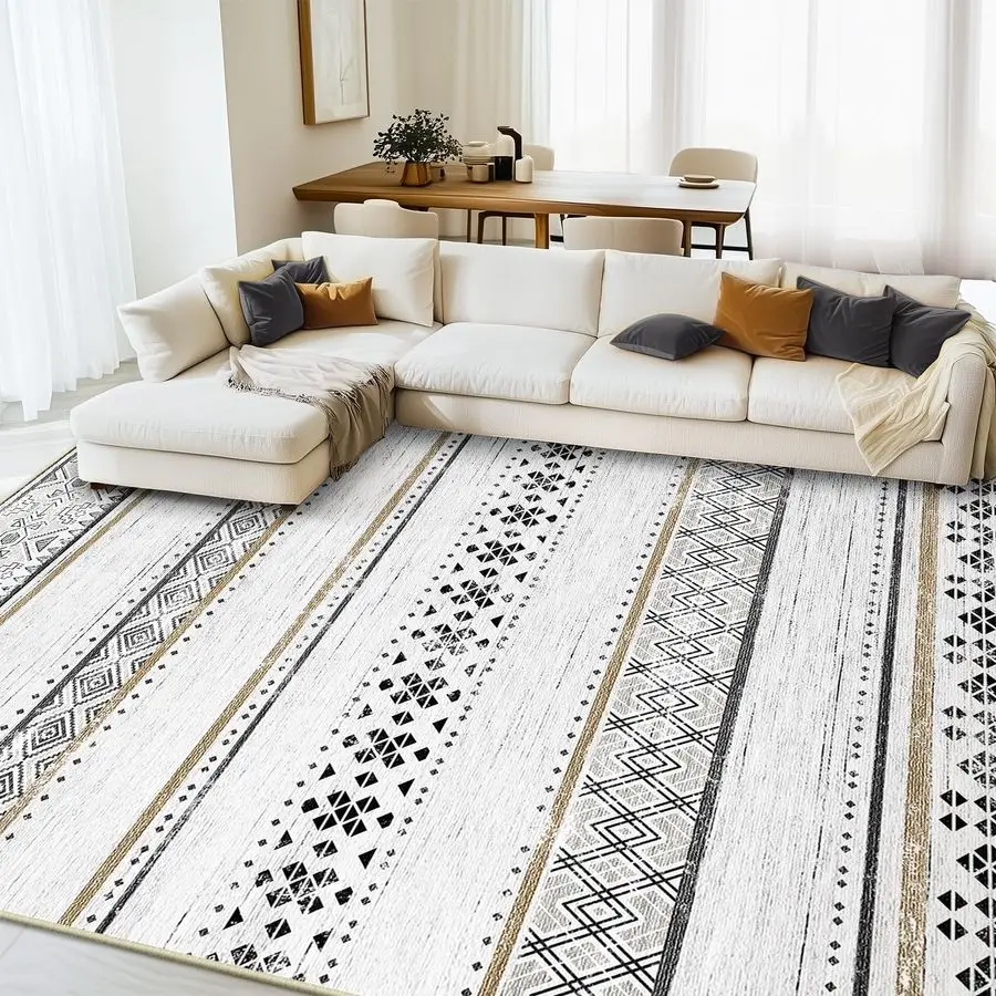 8x10 Area Rugs for Living Room Washable Moroccan Farmhouse Neutral Geometric Low Pile NonSlip Soft Print Pattern Rug for Bedroom