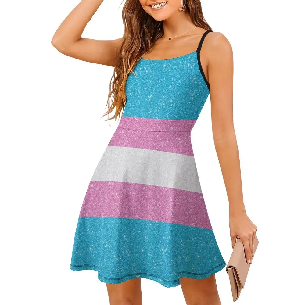 Vestido Sexy con purpurina sintética para mujer, ropa con tirantes, estampado divertido, bandera del orgullo transgénero, vacaciones geniales