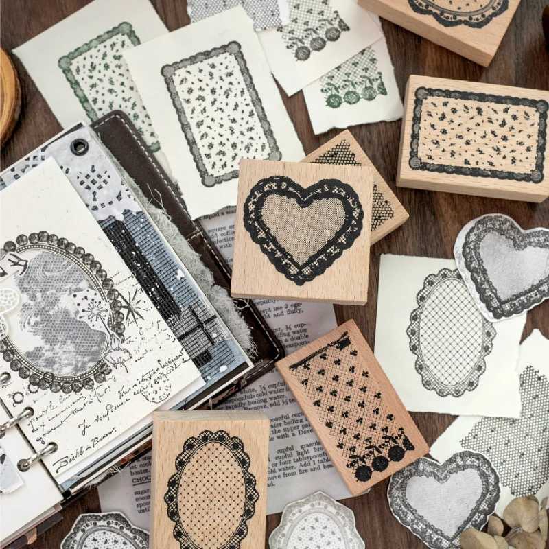 Sweet Heart Floral Oval Shape Wood Background Stamp for Scrapbooking Junk Journal Lace Shading Geometric DIY Seal Supplies - view 2