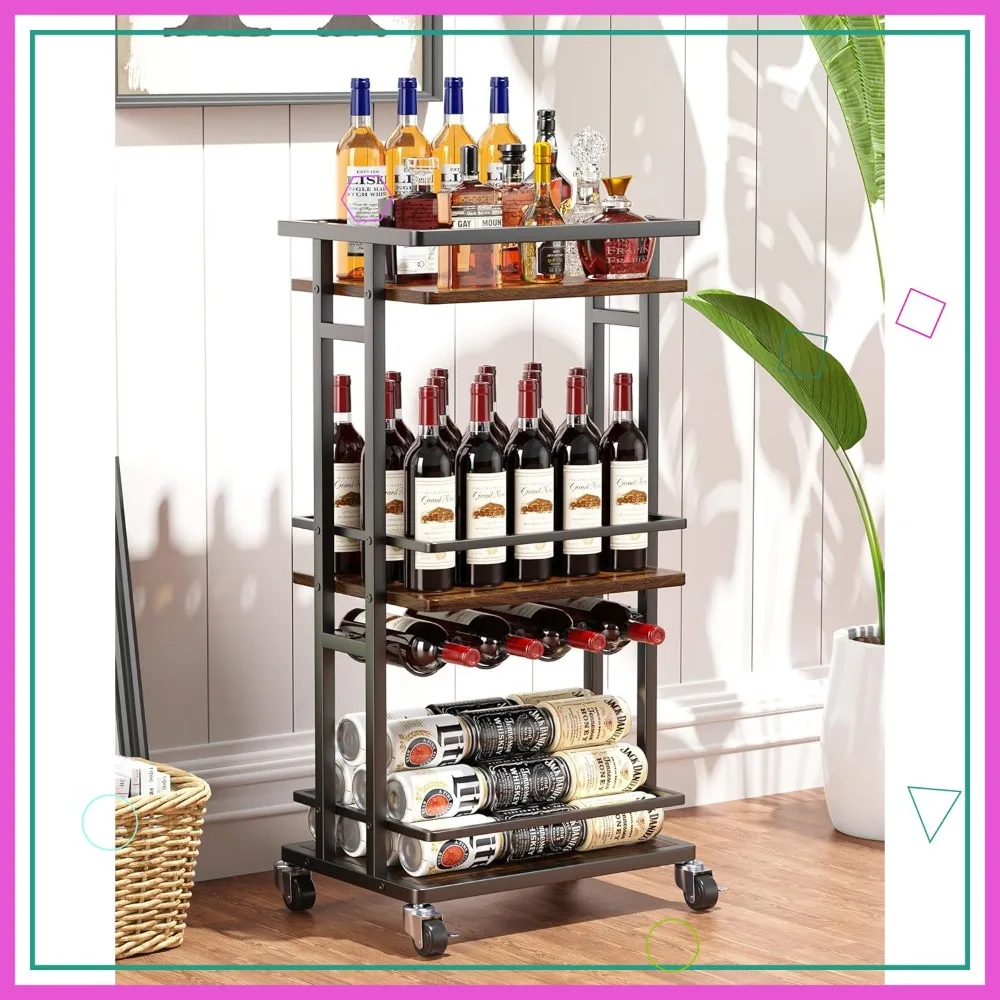 

3-Tier Rolling Bar Cart with Wine Rack, Mini Kitchen Serving Cart for Home and Parties