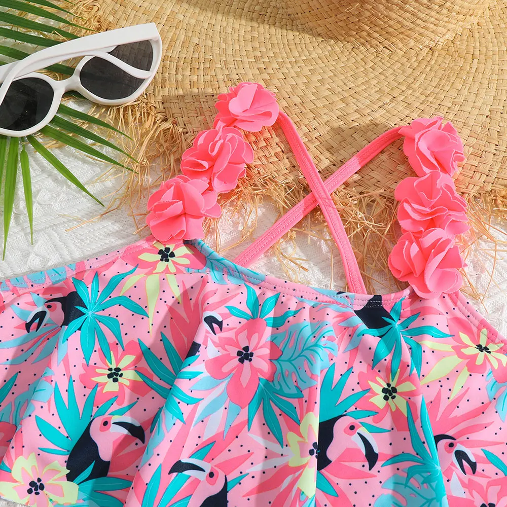 5-12 Years Girls Tropical Print Bikini Swimsuit Flower Appliqued Two Piece Children's Swimwear Ruffle Flounce Bathing Suit  2024