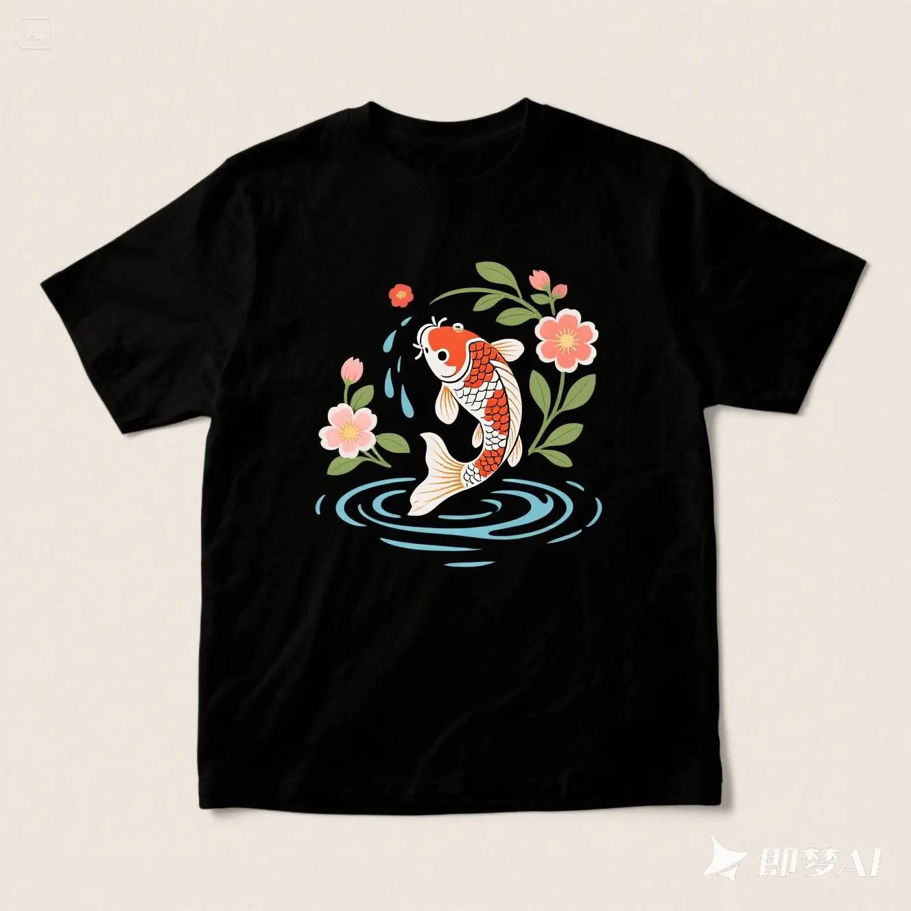 

Koi Fish with Flowers and Water Printed Symbolize- Fish Get Water T-Shirt. Summer Cotton Short Sleeve O-Neck Mens T Shirt New