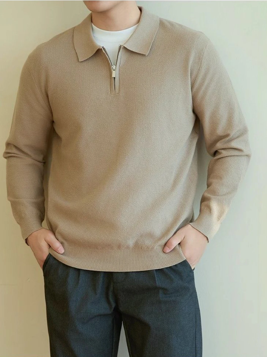 

Мужской вязаный свитер на молнии с отложным воротником для весны и осени, теплый повседневный пуловер свободного кроя, модный молодежный стиль