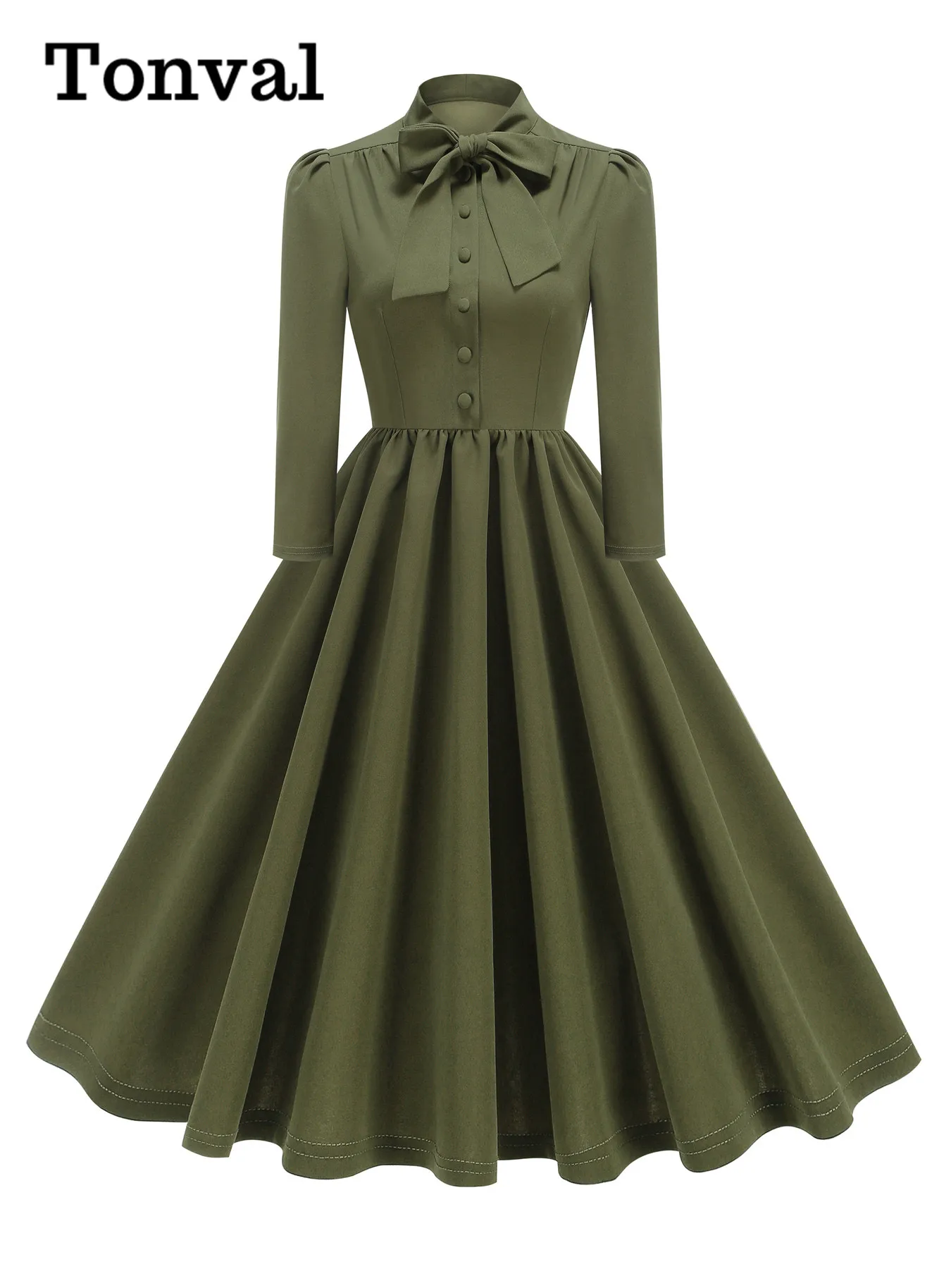 

Tonval Bow Neck Buttons Front Elegant Pleated Women Dress 3/4 Length Sleeve Autumn Clothes Vintage Swing Dresses