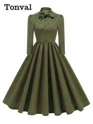 Tonval Bow Neck Buttons Front Elegant Pleated Women Dress 3/4 Length Sleeve Autumn Clothes Vintage Swing Dresses