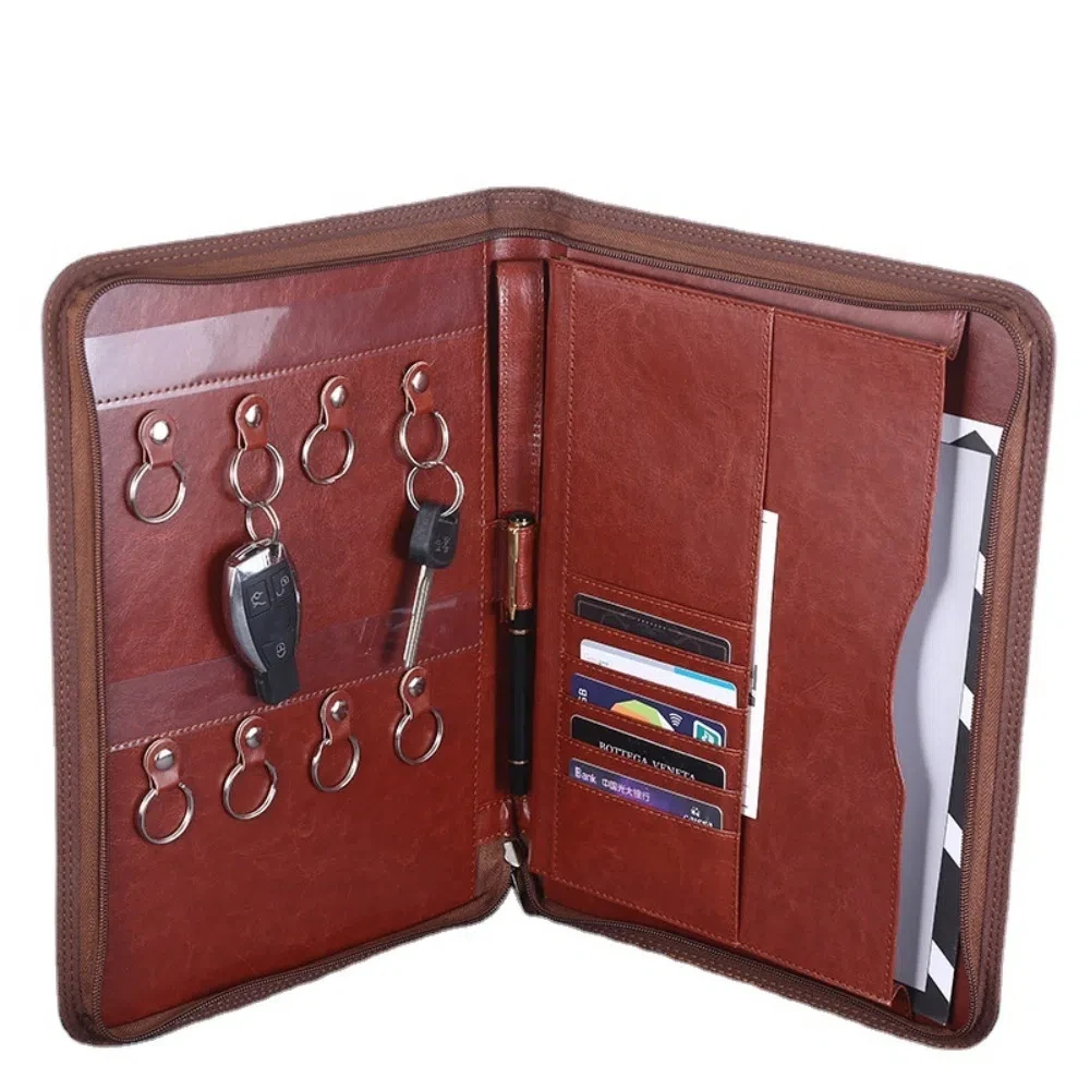 pu-leather-business-key-storage-bag-multifunctional-with-zipper-business-manager-clip-pen-insert-card-slots
