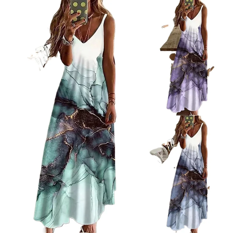 2025 cross-border women's clothing summer V-neck sexy A version long dress loose printing large size suspender dress cw61232